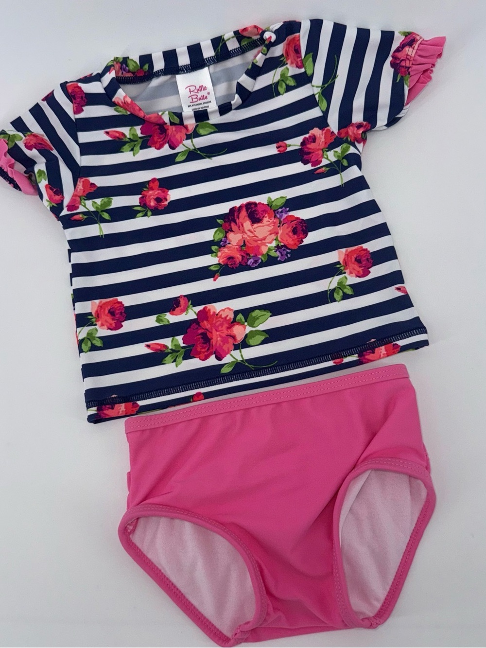 Ruffle Butts Baby Toddler Navy White Striped Floral Rash Guard Swim Set